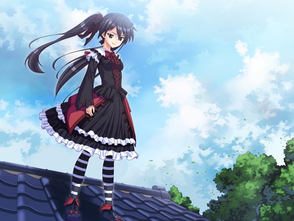 Anime picture 1024x768 with hime to majin to koi suru tamashii black hair twintails game cg black eyes goth-loli girl roof