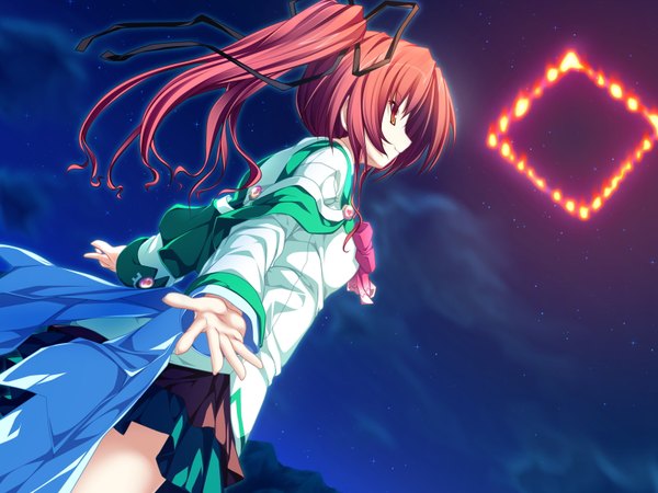 Anime picture 1600x1200 with magus tale whirlpool (studio) seera finis victoria tenmaso long hair open mouth smile red eyes game cg ponytail red hair profile night night sky spread arms fireworks girl uniform ribbon (ribbons) hair ribbon