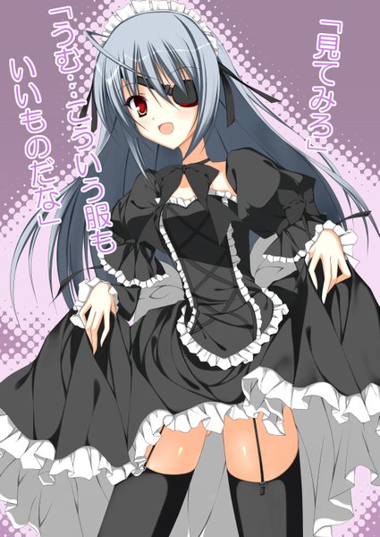 Anime picture 2149x3035 with infinite stratos 8bit laura bodewig nanahosi seiiki (artist) single long hair tall image highres open mouth light erotic smile red eyes silver hair lolita fashion girl thighhighs dress black thighhighs hairband eyepatch