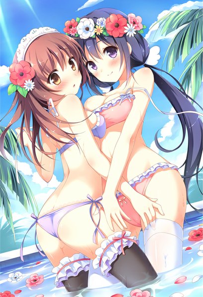Anime picture 575x842 with original pan (mimi) long hair tall image blush light erotic smile brown hair purple eyes twintails multiple girls brown eyes sky purple hair cloud (clouds) parted lips looking back hair flower sunlight girl