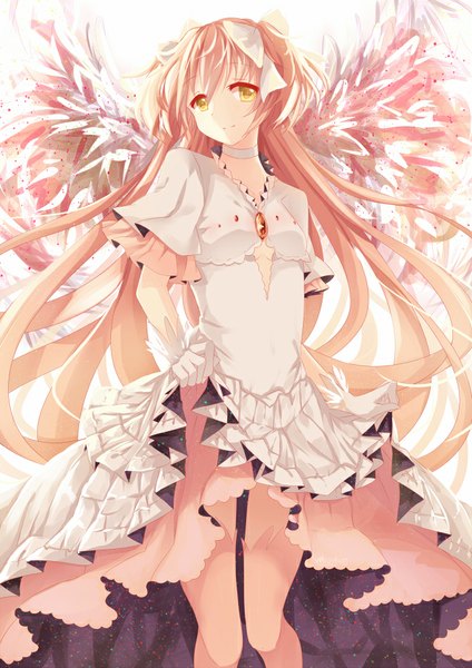 Anime picture 650x919 with mahou shoujo madoka magica shaft (studio) kaname madoka goddess madoka venn (vebonbon) single tall image looking at viewer fringe breasts smile twintails yellow eyes pink hair bent knee (knees) very long hair girl dress gloves bow