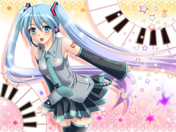 Anime picture 1024x768 with vocaloid hatsune miku single looking at viewer blush fringe breasts open mouth blue eyes hair between eyes twintails blue hair purple hair very long hair nail polish pleated skirt multicolored hair fingernails wide sleeves tattoo