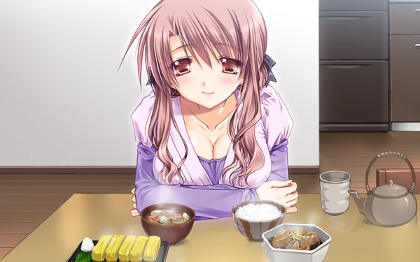 Anime picture 1024x640 with hatsukoi yohou (game) long hair brown hair wide image brown eyes game cg girl food omelet tamagoyaki