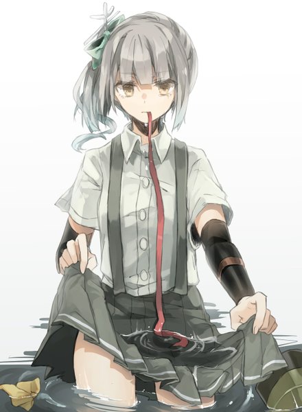 Anime picture 1009x1374 with kantai collection kasumi destroyer chibirisu single long hair tall image fringe simple background white background holding yellow eyes silver hair tears partially submerged mouth hold side ponytail ribbon in mouth girl uniform ribbon (ribbons)