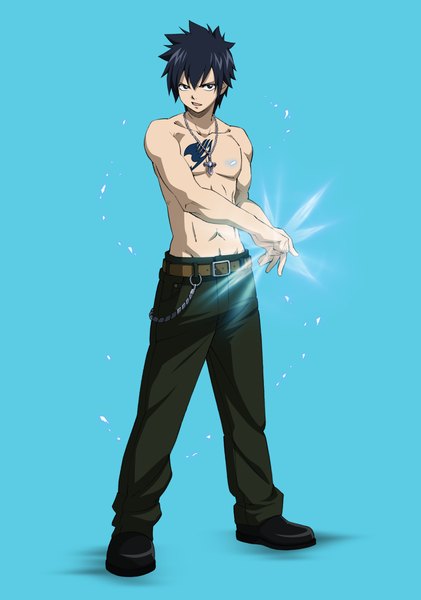 Anime picture 3172x4517 with fairy tail gray fullbuster single tall image highres short hair open mouth black hair simple background absurdres black eyes tattoo magic topless muscle boy chain pants cross ice