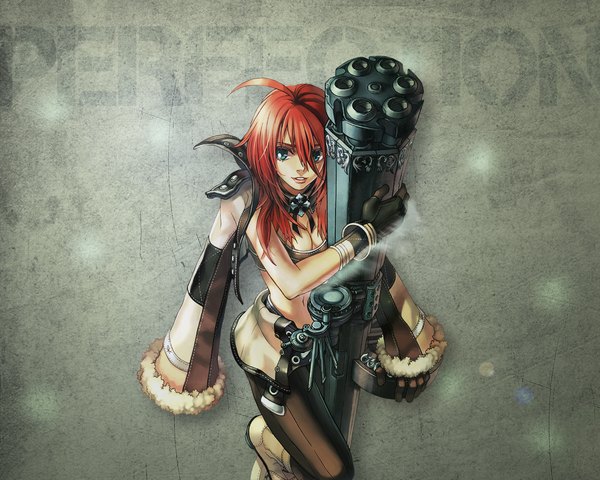 Anime picture 1280x1024 with ragnarok online single long hair simple background red hair aqua eyes girl gloves gun huge weapon gatling gun