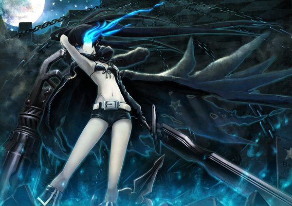Anime picture 4092x2893 with black rock shooter black rock shooter (character) kuinji 51go single long hair highres blue eyes black hair twintails absurdres very long hair night midriff glowing flat chest scar glowing eye (eyes) pale skin arm cannon girl