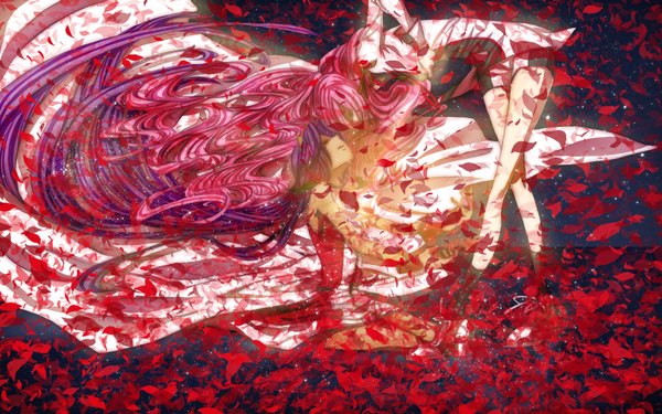 Anime picture 1600x1000 with revolutionary girl utena j.c. staff tenjou utena himemiya anthy long hair open mouth wide image multiple girls pink hair purple hair eyes closed night night sky girl 2 girls petals star (stars) cape