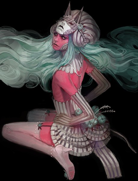 Anime picture 1000x1308 with original chaotic-muffin single long hair tall image looking at viewer breasts looking back horn (horns) aqua hair grey eyes black background flat chest soles striped mask on head face paint hands on hips red skin girl