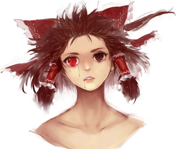 Anime picture 1767x1469 with touhou hakurei reimu sola7764 single highres short hair simple background red eyes brown hair white background bare shoulders heterochromia girl bow hair bow blood
