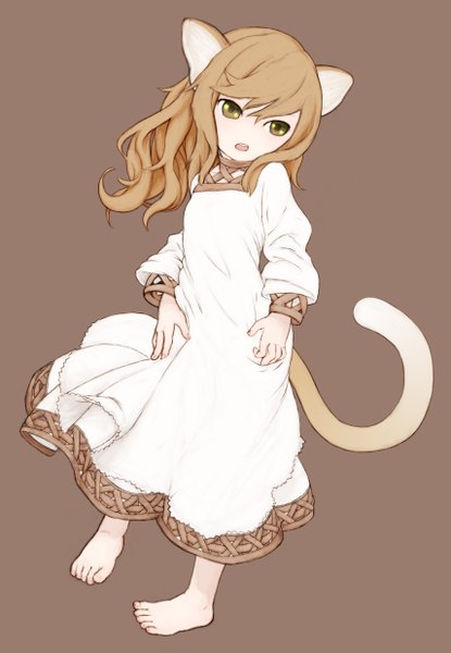 Anime picture 3419x4942 with psycho (artist) single long hair tall image highres open mouth simple background brown hair green eyes animal ears absurdres tail barefoot cat ears cat girl cat tail girl dress toes