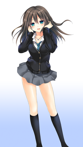 Anime picture 900x1588 with idolmaster idolmaster cinderella girls shibuya rin ikura nagisa single long hair tall image blush blue eyes black hair simple background white background girl skirt uniform school uniform socks black socks sweater