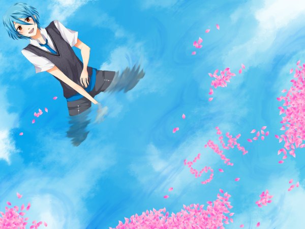 Anime picture 1200x900 with starry sky homare kanakubo single blush short hair open mouth red eyes blue hair kneeling boy petals water necktie vest