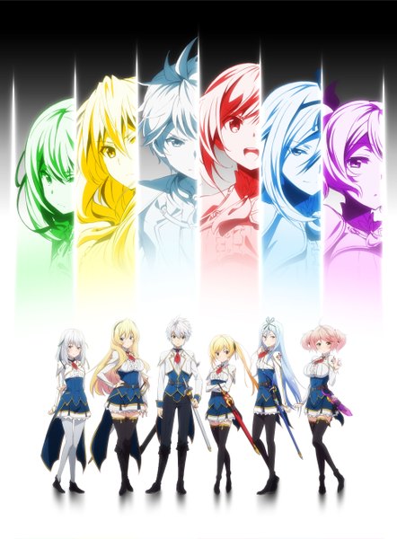 Anime picture 2000x2714 with saijaku muhai no bahamut lisesharte atismata celistia ralgris krulcifer einfolk airi arcadia philuffy aingram lux arcadia long hair tall image looking at viewer highres short hair blue eyes blonde hair red eyes twintails multiple girls pink hair white hair 6+ girls