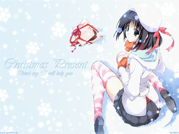Anime picture 1600x1200 with suzuhira hiro snowing christmas winter snow valentine girl snowflake (snowflakes) mittens