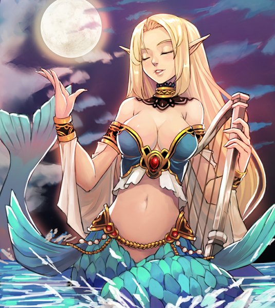 Anime picture 990x1110 with original qbspdl single long hair tall image looking at viewer fringe breasts light erotic blonde hair smile large breasts bare shoulders sky cleavage cloud (clouds) eyes closed lips pointy ears night