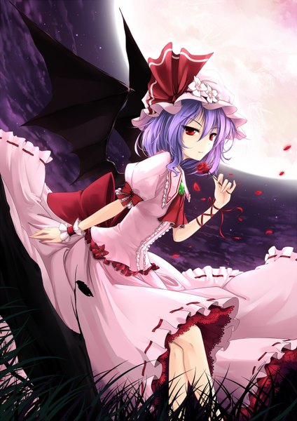 Anime picture 1200x1696 with touhou remilia scarlet cloudy.r tall image short hair red eyes purple hair night girl dress skirt flower (flowers) bow plant (plants) petals wings frills rose (roses) moon grass