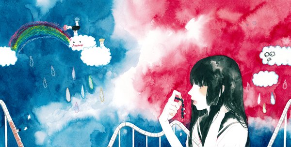 Anime picture 1677x850 with original wayukako long hair open mouth black hair wide image looking away cloud (clouds) profile lips black eyes pale skin traditional media watercolor (medium) girl serafuku rainbow