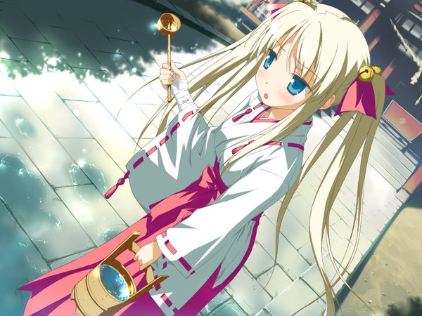 Anime picture 1600x1200 with hoshizora no memoria hisakaki komomo shida kazuhiro long hair blush open mouth blue eyes blonde hair twintails game cg miko girl water bell bandage (bandages)