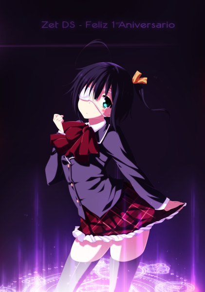 Anime picture 986x1406 with chuunibyou demo koi ga shitai! kyoto animation takanashi rikka eroishi single tall image short hair black hair ahoge aqua eyes inscription one side up coloring magic girl thighhighs uniform bow black thighhighs hair bow