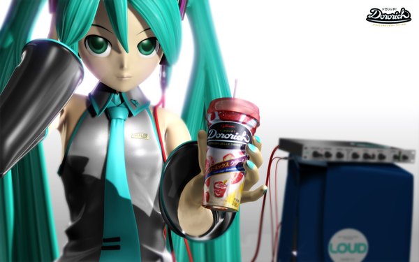 Anime picture 1920x1200 with vocaloid hatsune miku single long hair highres wide image twintails green eyes aqua hair wallpaper 3d product placement girl detached sleeves necktie headphones drink megaphone tripshots