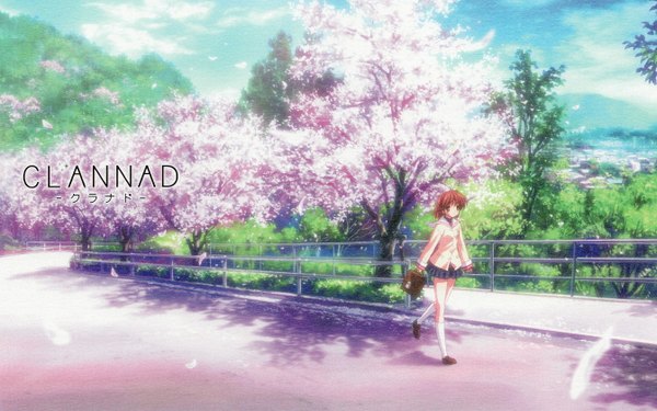 Anime picture 1344x840 with clannad key (studio) furukawa nagisa wide image sky cloud (clouds) cherry blossoms walking street uniform plant (plants) school uniform tree (trees)