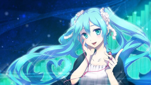 Anime picture 1920x1080 with vocaloid hatsune miku haru aki single long hair looking at viewer blush highres open mouth wide image twintails aqua eyes aqua hair hand on cheek girl hair ornament headphones