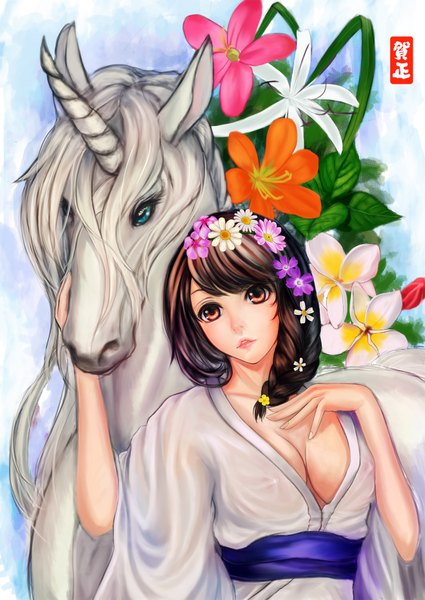 Anime picture 1318x1860 with original ytoy long hair tall image looking at viewer breasts light erotic red eyes brown hair braid (braids) traditional clothes japanese clothes hair flower horn (horns) girl hair ornament flower (flowers) animal kimono horse