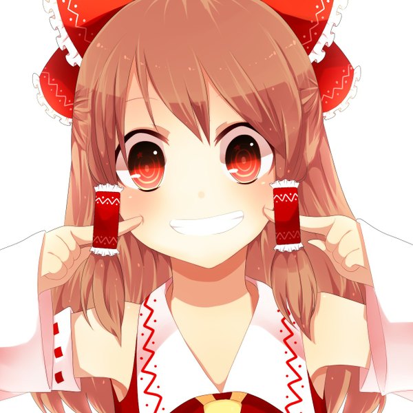 Anime picture 1300x1300 with touhou hakurei reimu achiki long hair looking at viewer blush simple background smile red eyes brown hair white background bare shoulders face miko girl bow hair bow detached sleeves