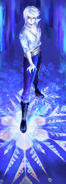 Anime picture 860x2400 with frozen (disney) disney elsa (frozen) tagme (artist) single tall image short hair simple background standing white hair eyes closed magic pale skin partially open clothes genderswap boy shirt knee boots snowflake (snowflakes) ice
