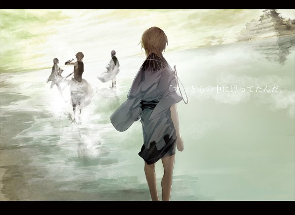 Anime picture 1200x879 with original ying (artist) short hair blonde hair from behind hieroglyph fog boy water
