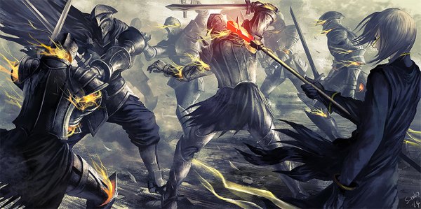 Anime picture 1281x640 with original pixiv fantasia pixiv fantasia fallen kings shinjiro nobayashi fringe short hair wide image standing holding signed grey hair glowing fighting stance glow glowing weapon knight army boy gloves weapon