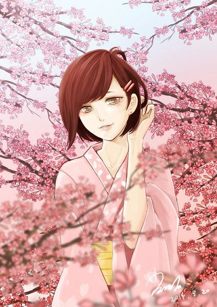 Anime picture 827x1169 with original glary single tall image looking at viewer fringe short hair smile brown hair standing white background signed traditional clothes japanese clothes light smile grey eyes cherry blossoms adjusting hair girl hair ornament