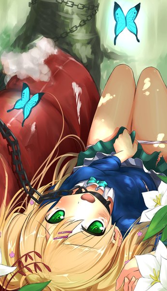 Anime picture 600x1039 with tantei opera milky holmes cordelia glauca nemo (piisukun) single long hair tall image looking at viewer blush blonde hair green eyes lying girl flower (flowers) insect butterfly chain collar couch