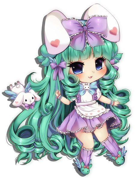 Anime picture 1140x1484 with midna01 single tall image looking at viewer blush fringe blue eyes smile animal ears full body very long hair green hair bunny ears transparent background chibi girl dress animal bunny