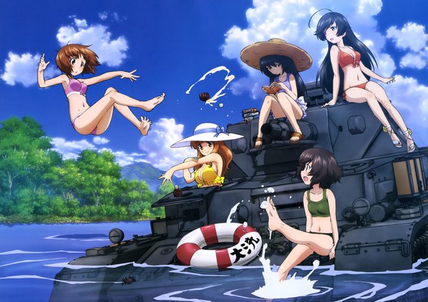 Anime picture 4089x2893 with girls und panzer nishizumi miho akiyama yukari takebe saori reizei mako isuzu hana sugimoto isao long hair blush highres short hair black hair brown hair multiple girls brown eyes absurdres sky cloud (clouds) scan official art