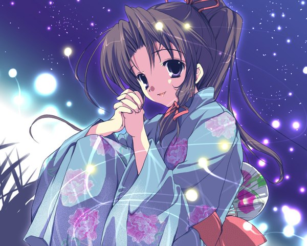 Anime picture 1280x1024 with sister princess zexcs haruka (sister princess) mikeou single long hair looking at viewer brown hair sitting sky ponytail traditional clothes parted lips japanese clothes grey eyes hands clasped girl bow plant (plants) hair bow