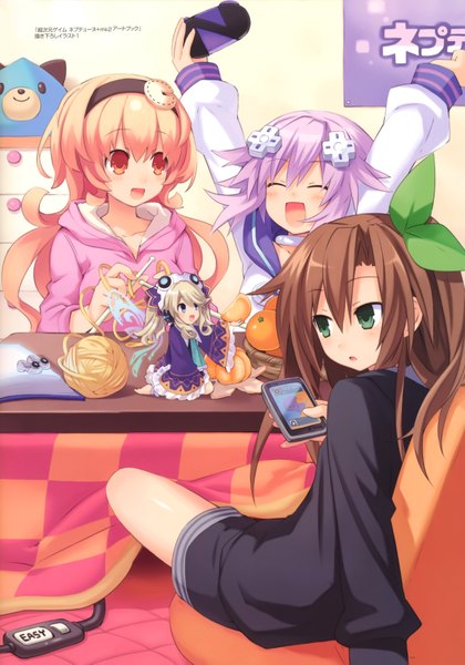 Anime picture 4880x6970 with choujigen game neptune neptune (choujigen game neptune) if (choujigen game neptune) compa histoire tsunako long hair tall image highres short hair open mouth brown hair multiple girls green eyes absurdres purple hair eyes closed scan orange hair official art