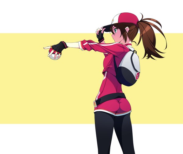 Anime picture 1600x1351 with pokemon pokemon (game) pokemon go nintendo female protagonist (pokemon go) murakami suigun single long hair fringe highres blue eyes simple background hair between eyes brown hair holding looking away ass ponytail profile from behind