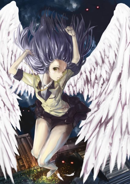Anime picture 1414x2000 with angel beats! key (studio) tachibana kanade canking single long hair tall image looking at viewer yellow eyes purple hair cloud (clouds) pleated skirt barefoot wind arms up bare legs no shoes dark background arms behind head angel wings