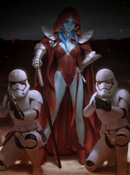 Anime picture 882x1183 with star wars star wars: the force awakens kilart (artist) long hair tall image breasts light erotic standing holding blue hair lips hand on hip covered navel face paint blue skin girl navel weapon shoes armor