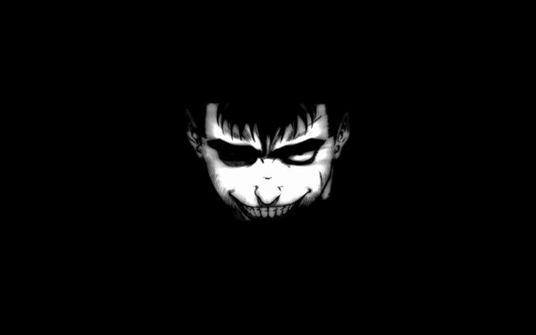 Anime picture 1680x1050 with berserk guts single looking at viewer black hair wide image grin black background monochrome boy