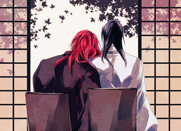 Anime picture 1000x729 with bleach studio pierrot kuchiki byakuya abarai renji naktata long hair black hair simple background sitting looking away red hair traditional clothes japanese clothes multiple boys couple shounen ai head on another's shoulder boy kimono leaf (leaves)