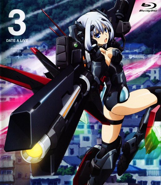 Anime picture 3018x3477 with date a live tobiichi origami tagme (artist) single tall image looking at viewer highres short hair open mouth blue eyes absurdres white hair scan inscription official art mechanical cover album cover girl weapon