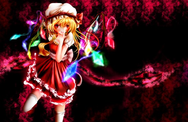 Anime picture 2362x1535 with touhou flandre scarlet kitamuraeri (artist) single blush highres short hair blonde hair red eyes girl thighhighs dress white thighhighs wings crystal