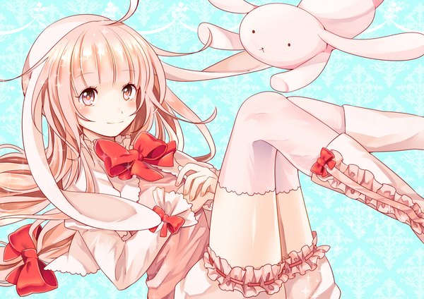 Anime picture 2046x1446 with toudou charo single long hair blush highres red eyes pink hair girl thighhighs dress bow hair bow white thighhighs boots