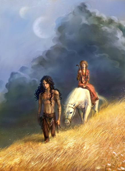 Anime picture 1098x1500 with anndr (artist) long hair tall image black hair brown hair standing sitting sky cloud (clouds) braid (braids) wind tattoo couple twin braids dark skin looking down wavy hair face paint curly hair field