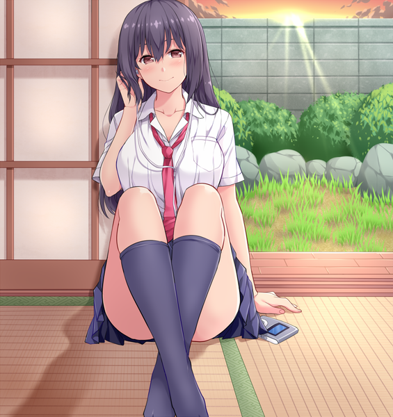 Anime picture 800x850 with original hasu (hk works) single long hair tall image looking at viewer blush fringe light erotic black hair smile hair between eyes red eyes sitting sky bent knee (knees) indoors pleated skirt sunlight arm support