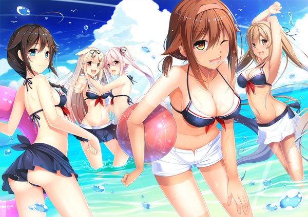 Anime picture 1412x1000 with kantai collection shigure destroyer yuudachi destroyer murasame destroyer harusame destroyer shiratsuyu destroyer benitsuki tsubasa long hair blush short hair open mouth blue eyes light erotic black hair blonde hair smile red eyes brown hair multiple girls yellow eyes