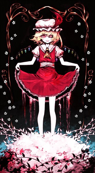 Anime picture 667x1219 with touhou flandre scarlet uni (bom19850101) single tall image looking at viewer fringe short hair open mouth blonde hair puffy sleeves side ponytail black background girl wings bonnet crystal neckerchief